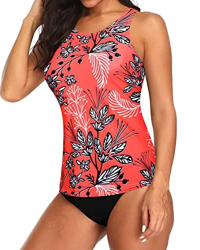 Slimming High Neck Tankini Top Bottoms For Swimming-Red Floral