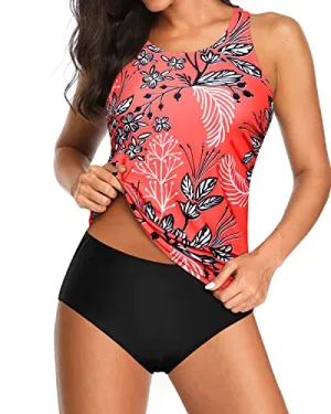 Slimming High Neck Tankini Top Bottoms For Swimming-Red Floral