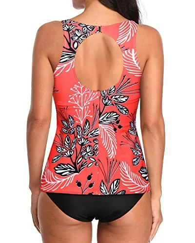 Slimming High Neck Tankini Top Bottoms For Swimming-Red Floral