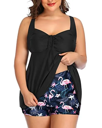 Slimming Plus Size Tankini Swimsuits Boy Shorts For Women-Black Flamingo