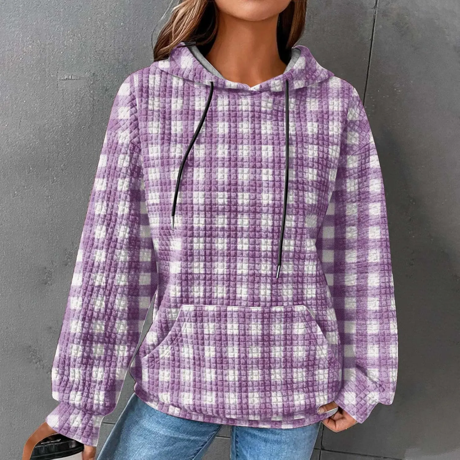 SMIDOW Pliad Waffle Knit Hoodies For Women Fall Fashion 2023 Oversized Drawstring Pullovers Casual Gingham Hooded Sweatshirts