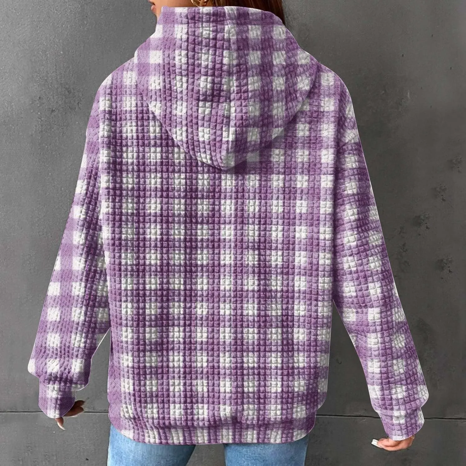 SMIDOW Pliad Waffle Knit Hoodies For Women Fall Fashion 2023 Oversized Drawstring Pullovers Casual Gingham Hooded Sweatshirts