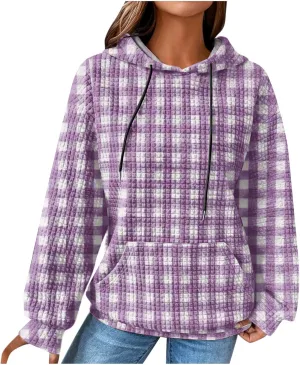 SMIDOW Pliad Waffle Knit Hoodies For Women Fall Fashion 2023 Oversized Drawstring Pullovers Casual Gingham Hooded Sweatshirts