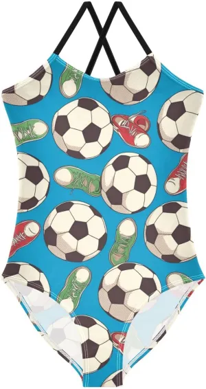 Soccer Girls One Piece Swimsuits Balls Shoes Sport Halter Swimwear Beach Bathing Suit 3T
