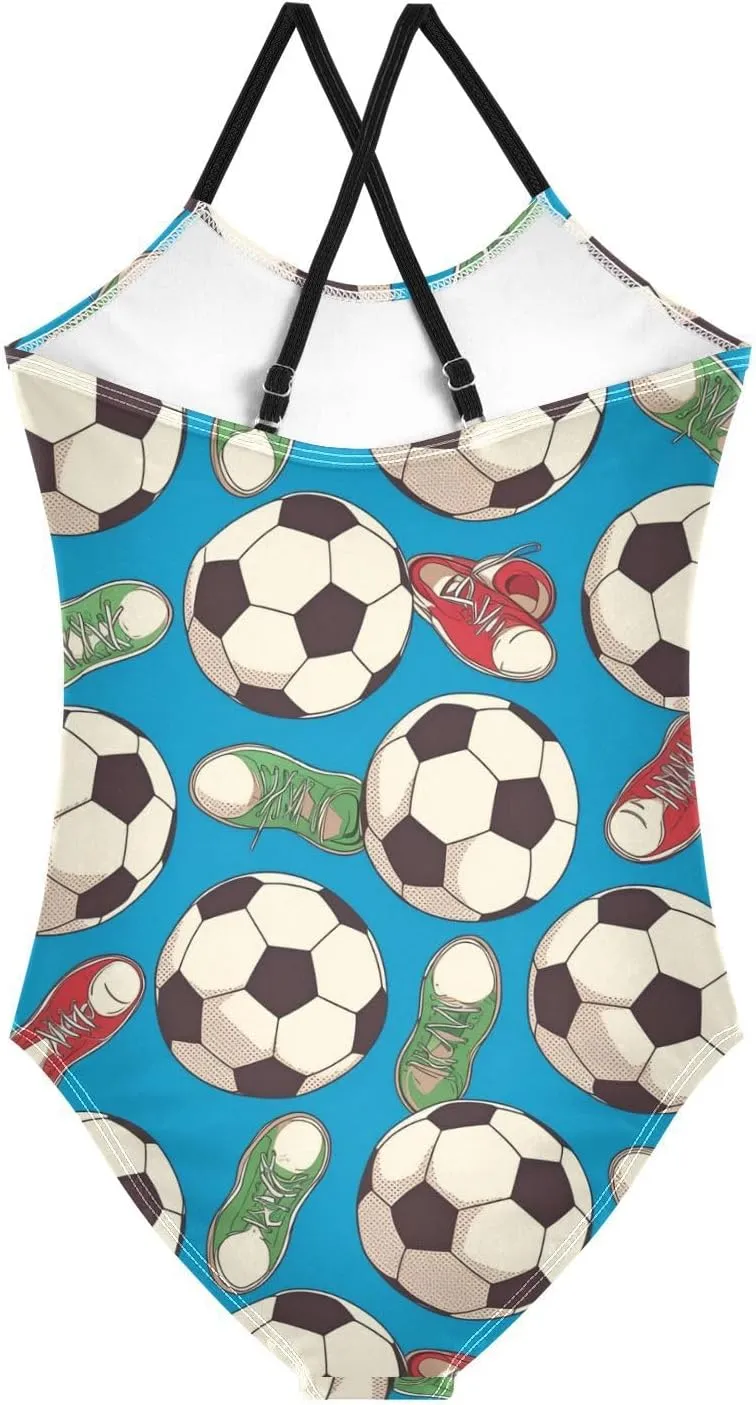 Soccer Girls One Piece Swimsuits Balls Shoes Sport Halter Swimwear Beach Bathing Suit 3T