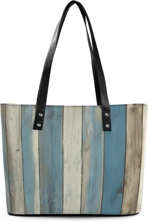 Soft Blue And Cream Tones Wood Slats Women Soft Leather Handbags Tote Purses Shoulder Bucket Bags