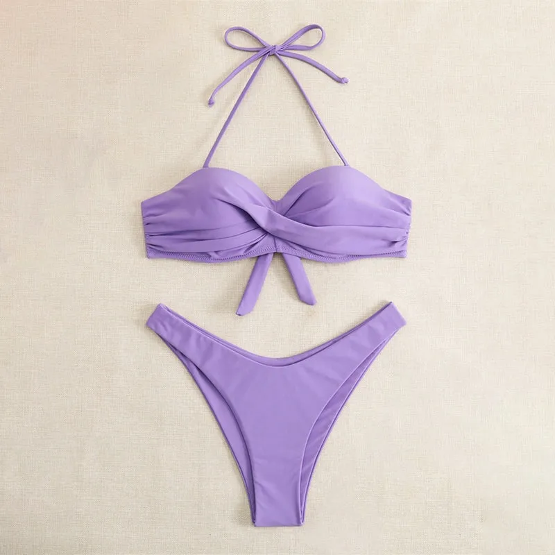 Solid Color Halter Backless Summer Beach Two-Piece Thong Bikini