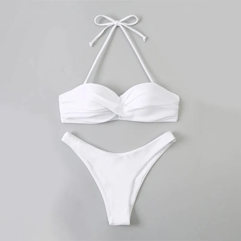 Solid Color Halter Backless Summer Beach Two-Piece Thong Bikini