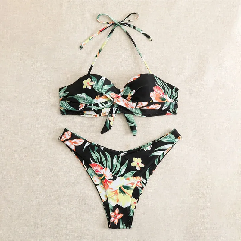 Solid Color Halter Backless Summer Beach Two-Piece Thong Bikini