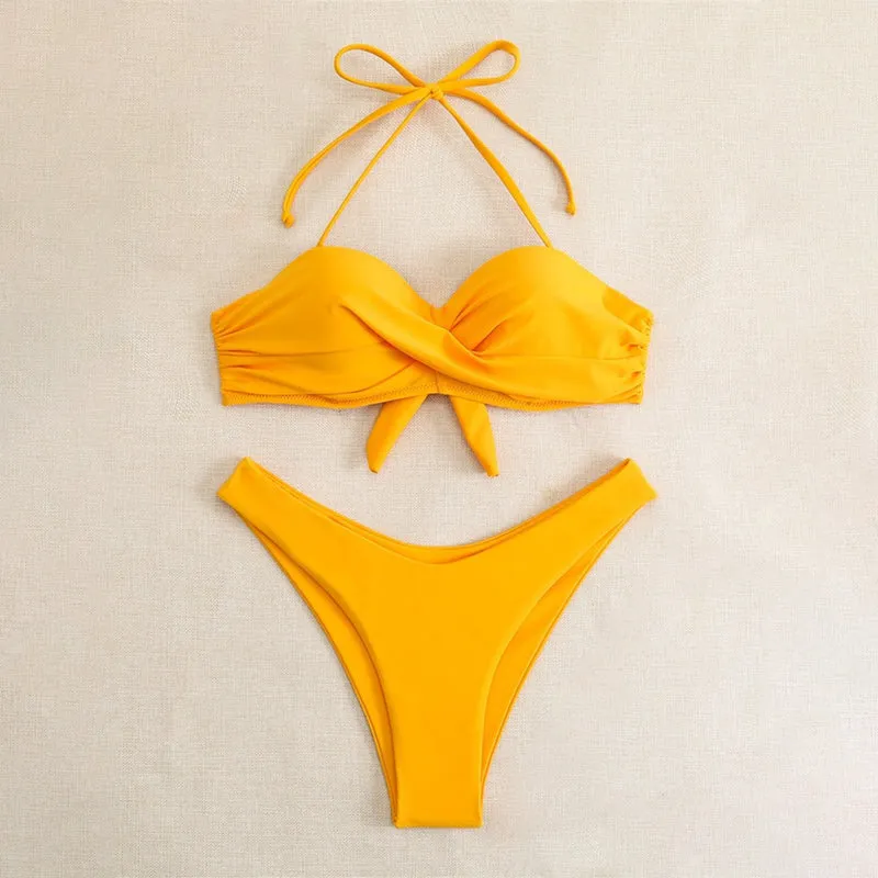 Solid Color Halter Backless Summer Beach Two-Piece Thong Bikini