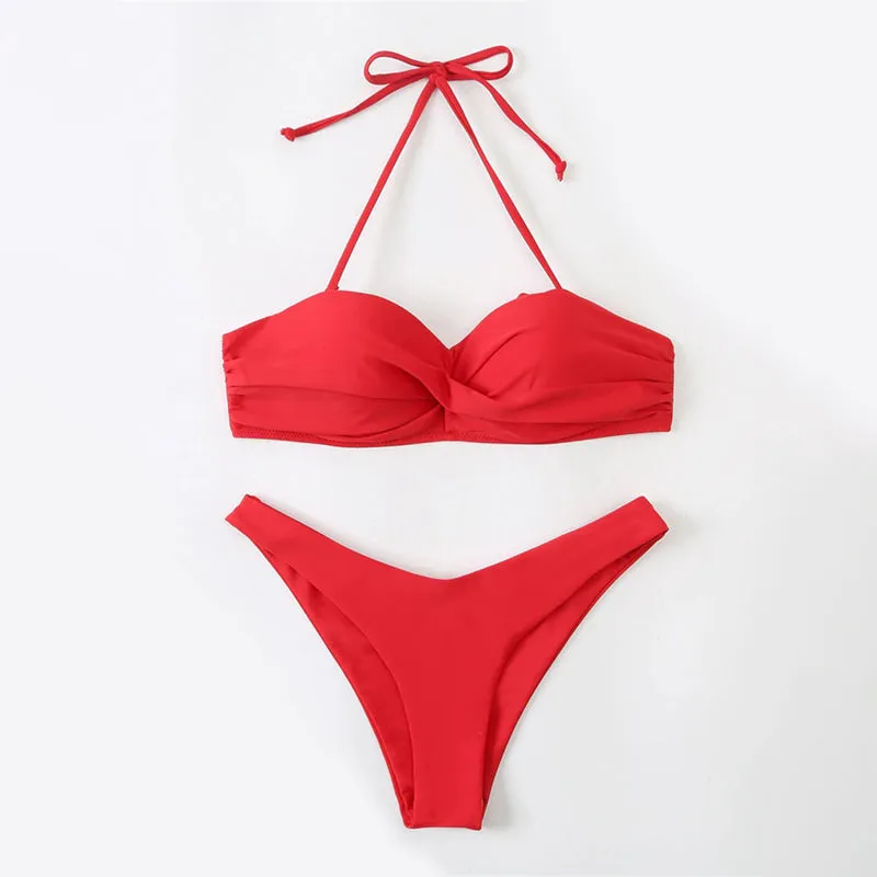 Solid Color Halter Backless Summer Beach Two-Piece Thong Bikini