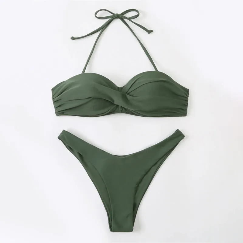 Solid Color Halter Backless Summer Beach Two-Piece Thong Bikini