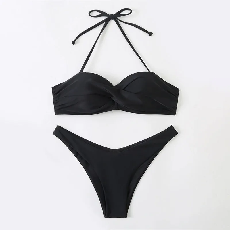 Solid Color Halter Backless Summer Beach Two-Piece Thong Bikini