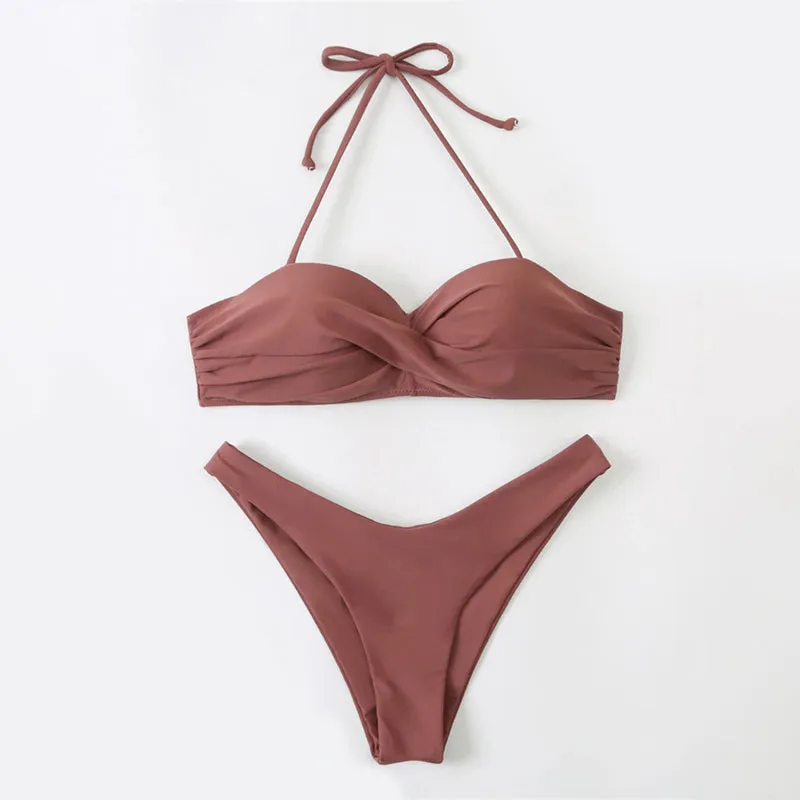 Solid Color Halter Backless Summer Beach Two-Piece Thong Bikini