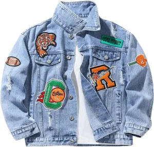 SOLY HUX Boy's Denim Jacket Button Down Ripped Graphic Long Sleeve Vintage Streetwear Outerwear
