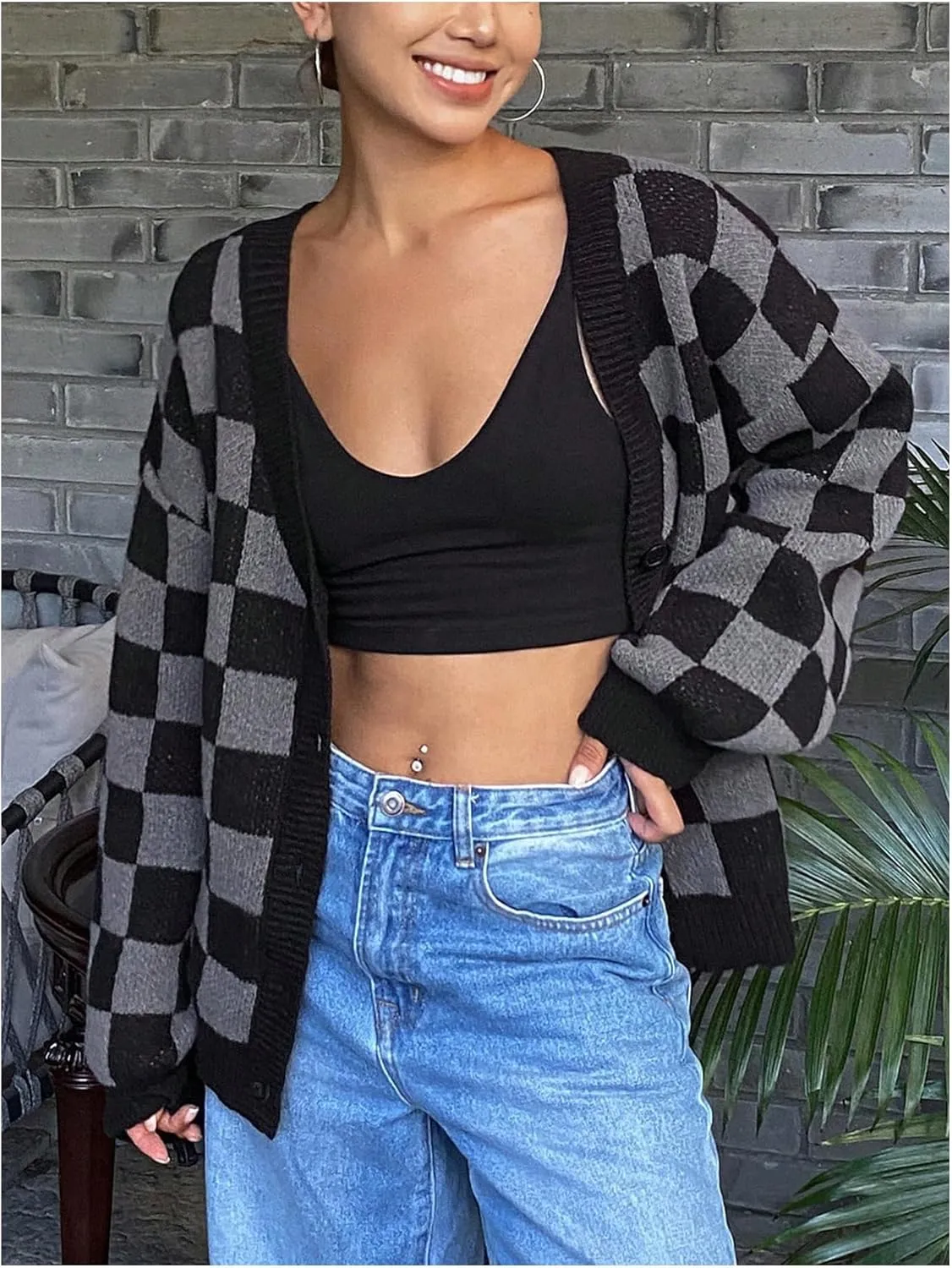 SOLY HUX Women's Checkered Button Down Cardigan Sweater V Neck Long Sleeve Loose Outerwear