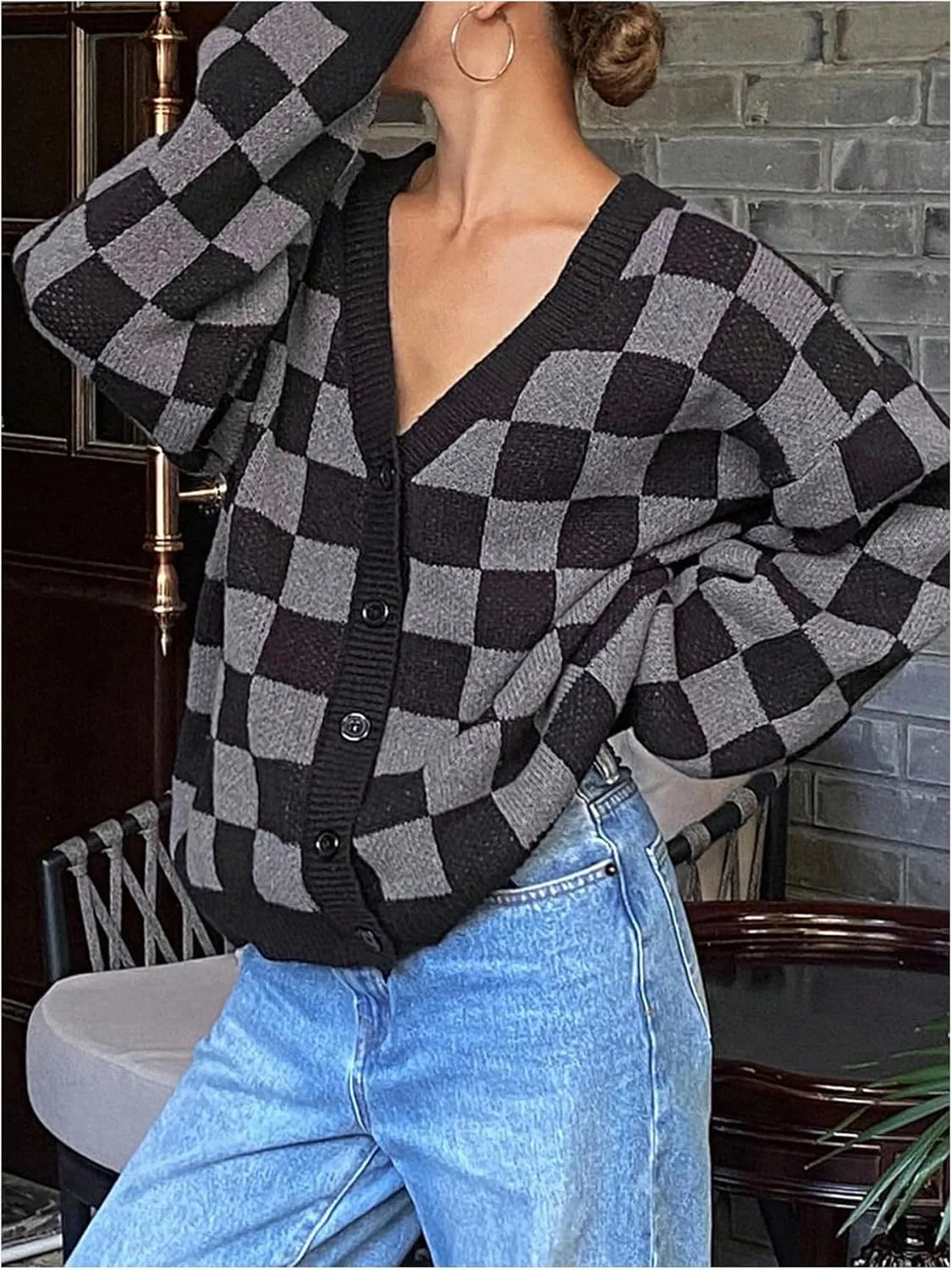 SOLY HUX Women's Checkered Button Down Cardigan Sweater V Neck Long Sleeve Loose Outerwear