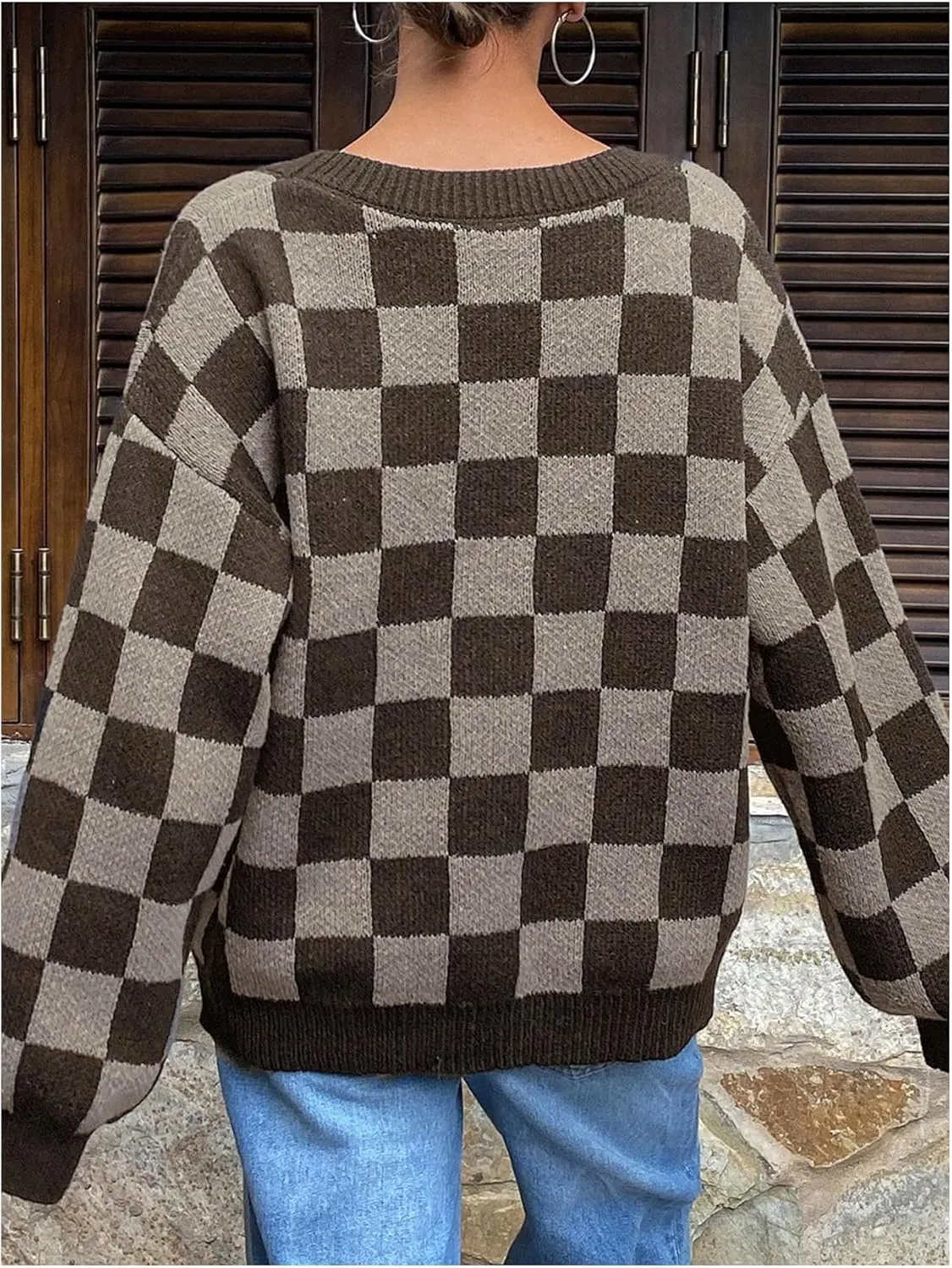 SOLY HUX Women's Checkered Button Down Cardigan Sweater V Neck Long Sleeve Loose Outerwear