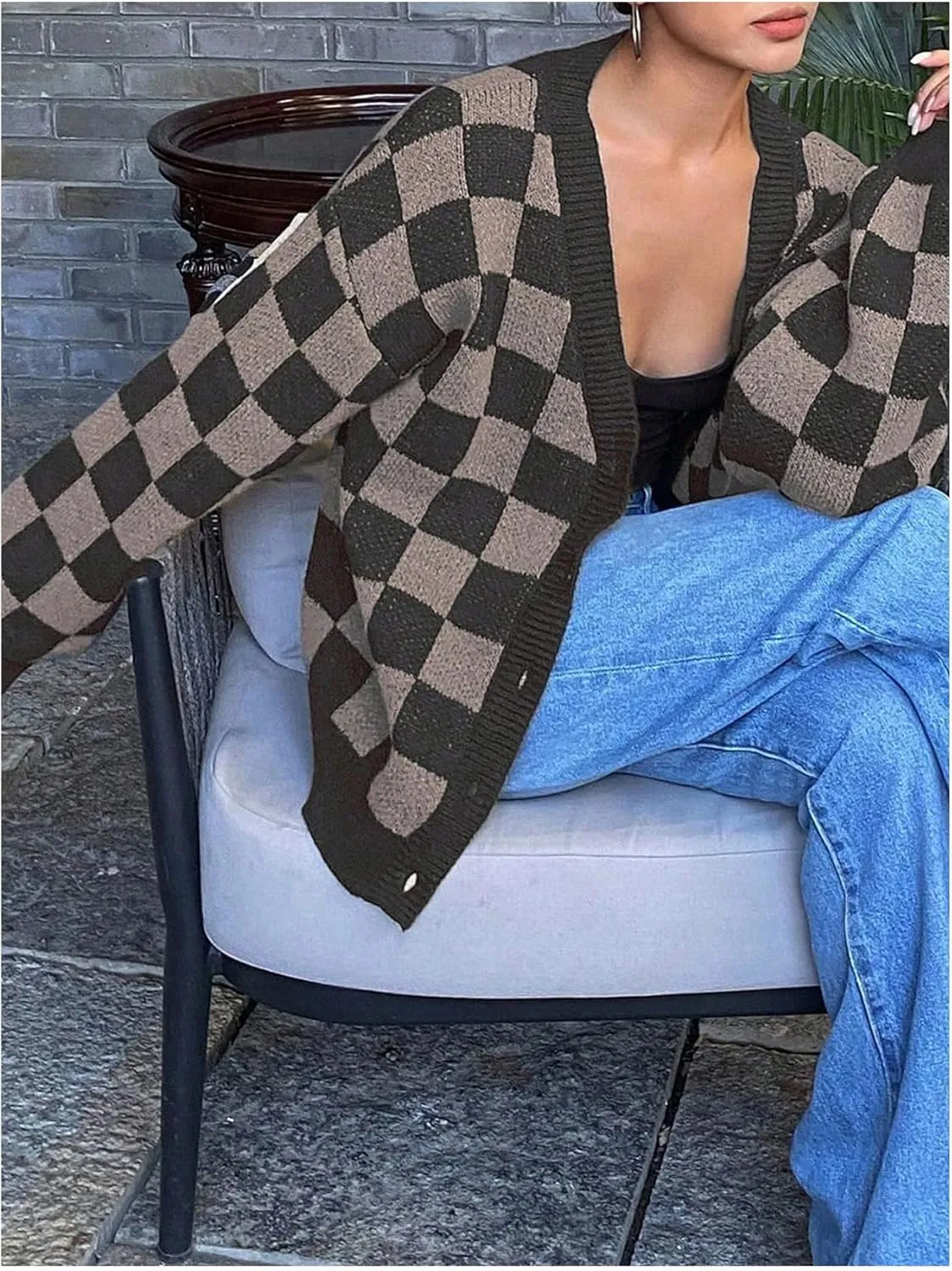SOLY HUX Women's Checkered Button Down Cardigan Sweater V Neck Long Sleeve Loose Outerwear