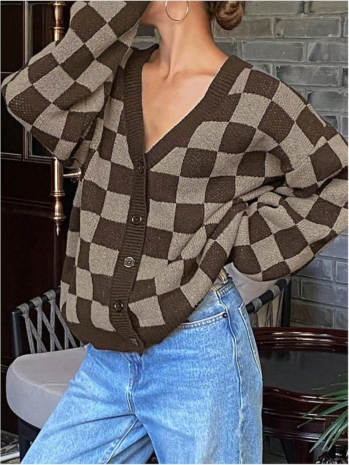 SOLY HUX Women's Checkered Button Down Cardigan Sweater V Neck Long Sleeve Loose Outerwear