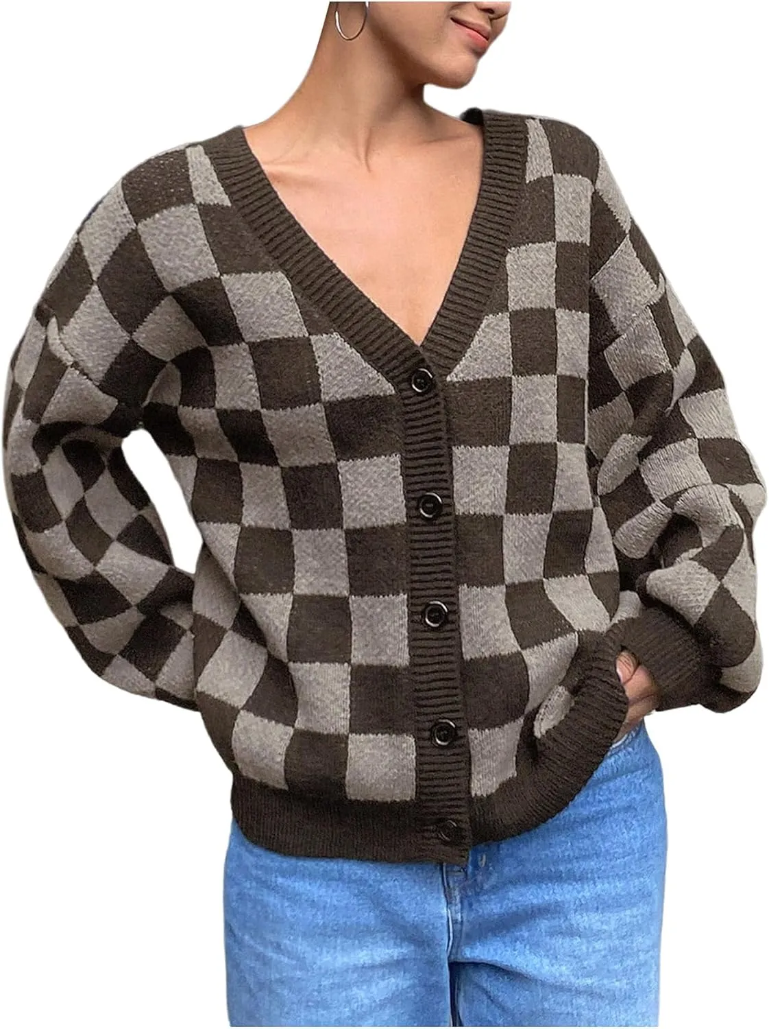 SOLY HUX Women's Checkered Button Down Cardigan Sweater V Neck Long Sleeve Loose Outerwear