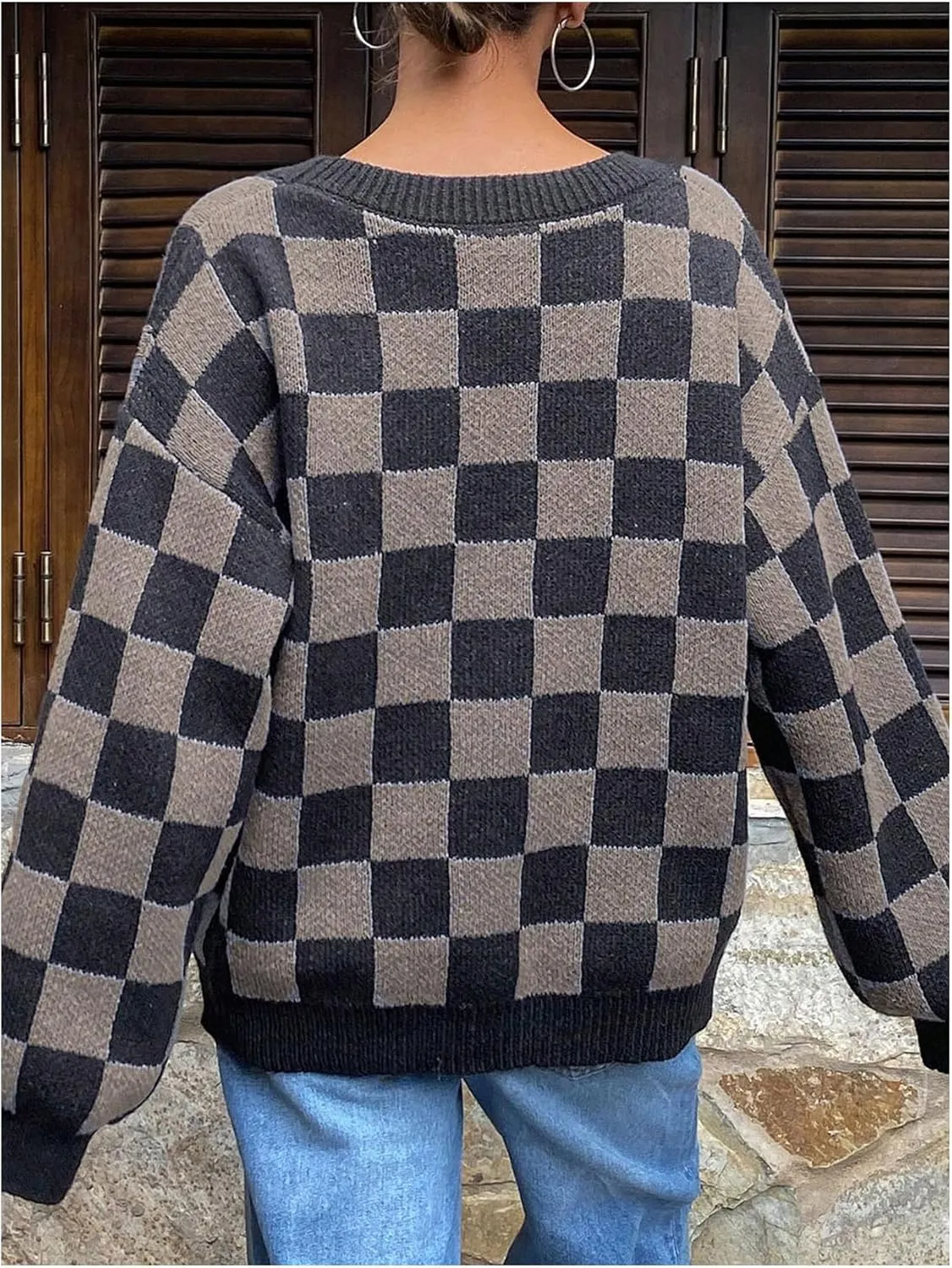 SOLY HUX Women's Checkered Button Down Cardigan Sweater V Neck Long Sleeve Loose Outerwear