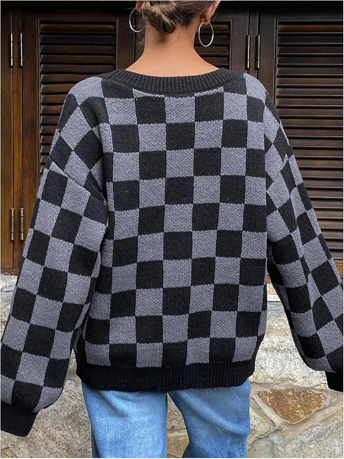 SOLY HUX Women's Checkered Button Down Cardigan Sweater V Neck Long Sleeve Loose Outerwear