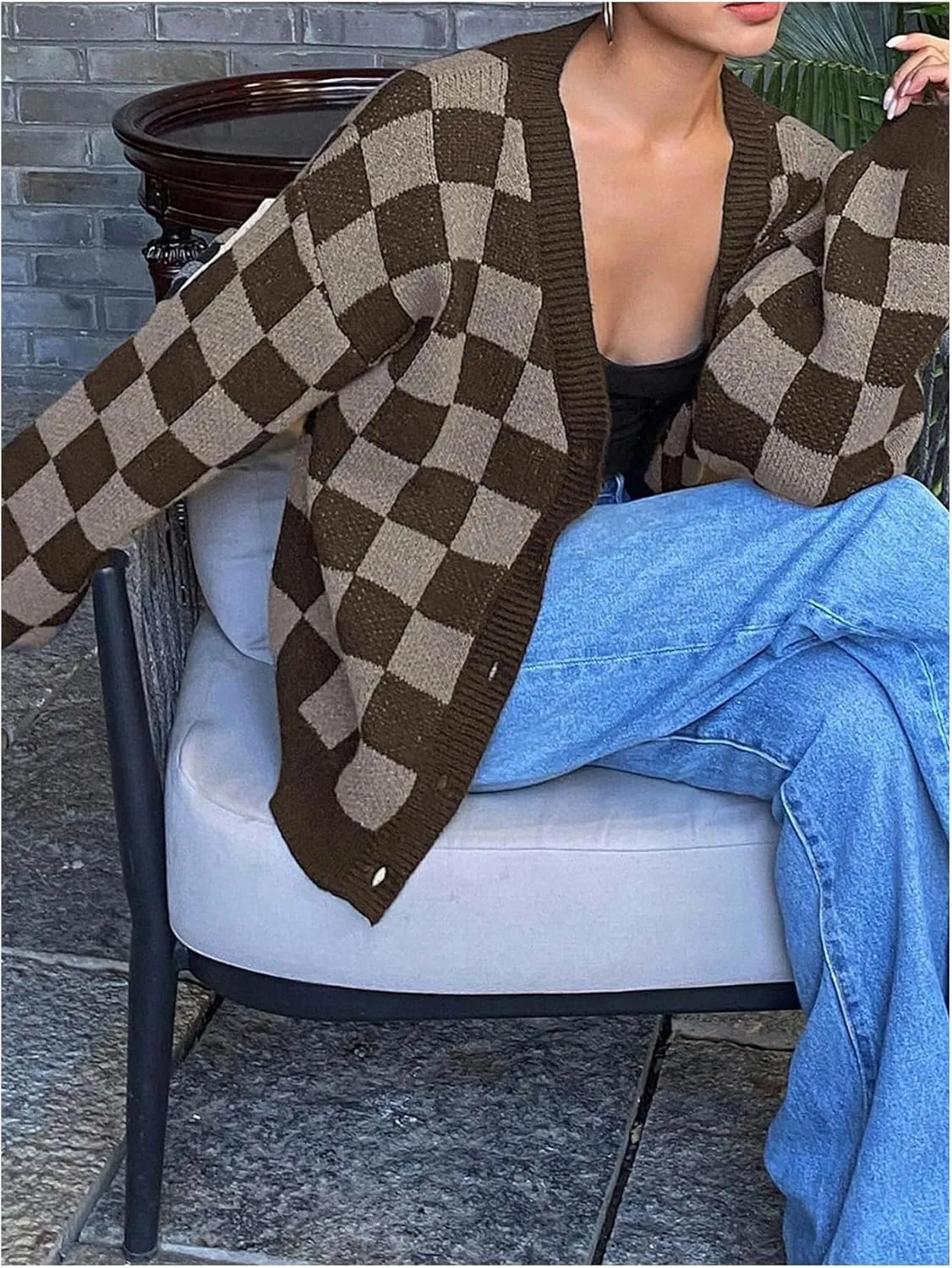 SOLY HUX Women's Checkered Button Down Cardigan Sweater V Neck Long Sleeve Loose Outerwear
