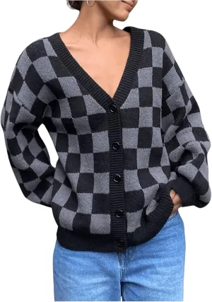 SOLY HUX Women's Checkered Button Down Cardigan Sweater V Neck Long Sleeve Loose Outerwear