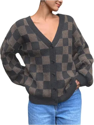 SOLY HUX Women's Checkered Button Down Cardigan Sweater V Neck Long Sleeve Loose Outerwear