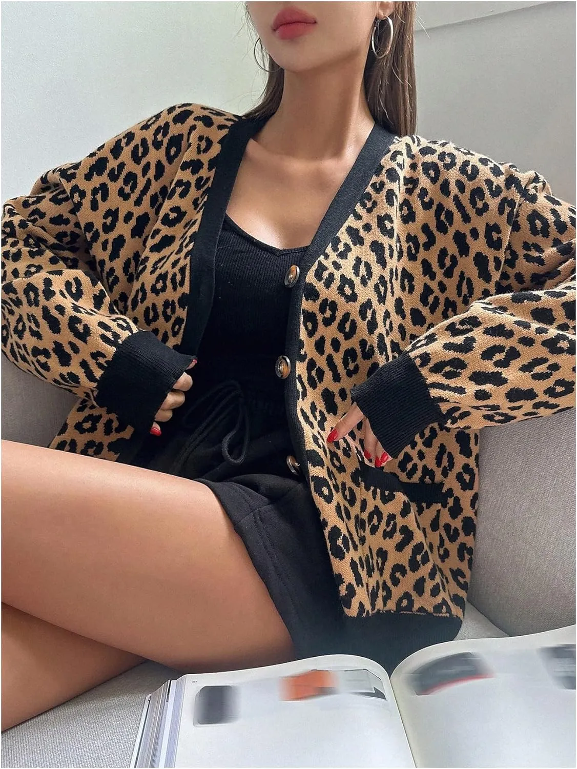 SOLY HUX Women's Leopard Print Button Down Cardigan Long Sleeve V Neck Loose Sweater Outerwear