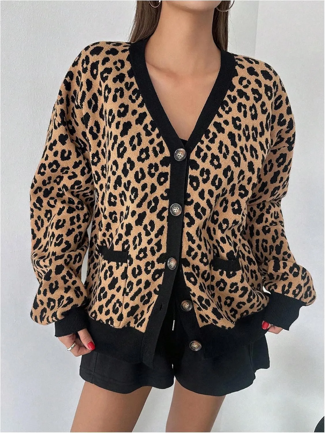 SOLY HUX Women's Leopard Print Button Down Cardigan Long Sleeve V Neck Loose Sweater Outerwear