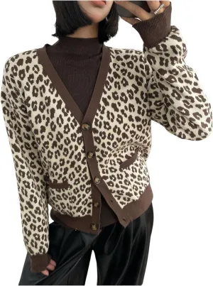 SOLY HUX Women's Leopard Print Button Down Cardigan Long Sleeve V Neck Loose Sweater Outerwear