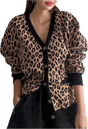 SOLY HUX Women's Leopard Print Button Down Cardigan Long Sleeve V Neck Loose Sweater Outerwear