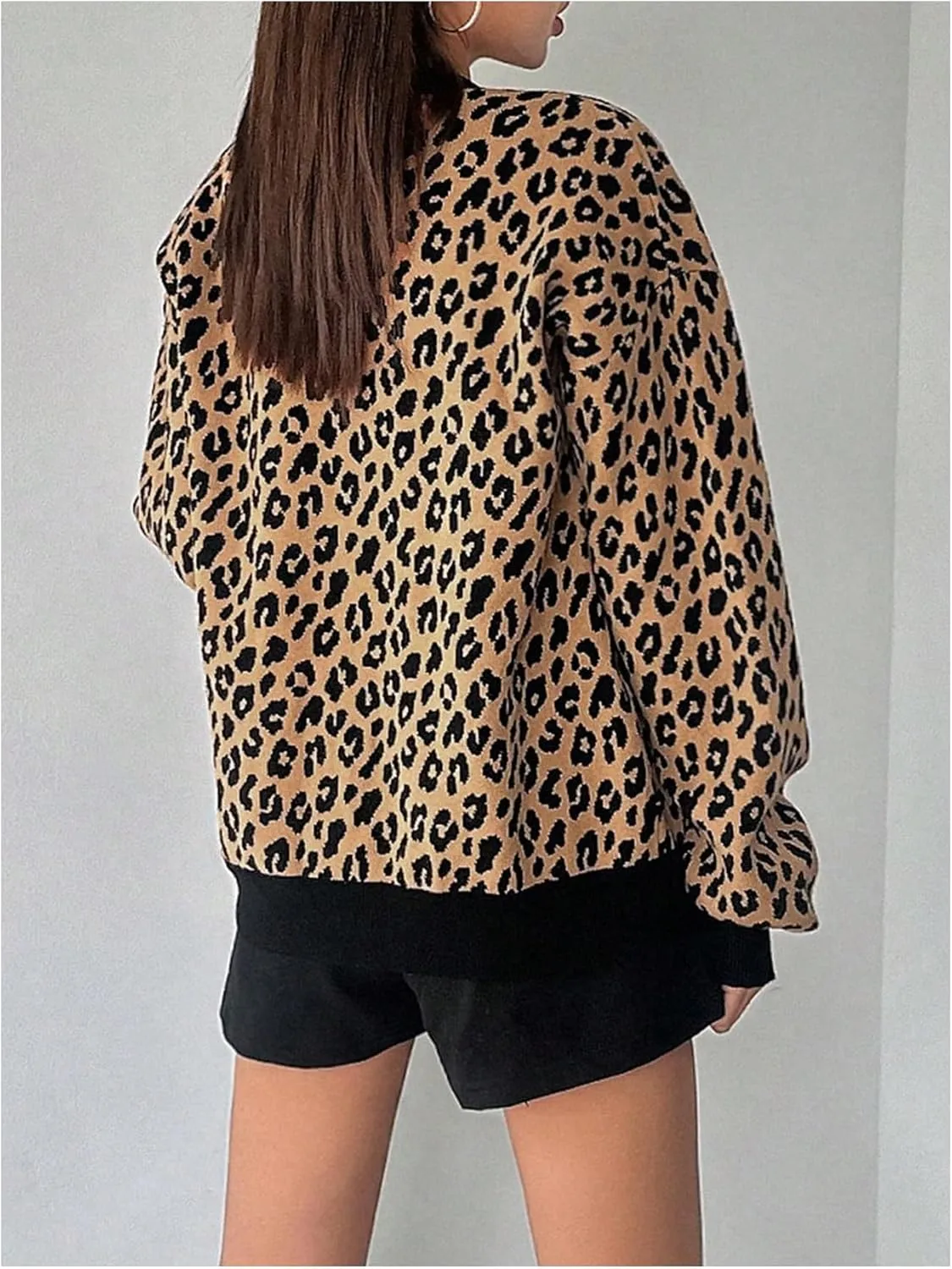 SOLY HUX Women's Leopard Print Button Down Cardigan Long Sleeve V Neck Loose Sweater Outerwear