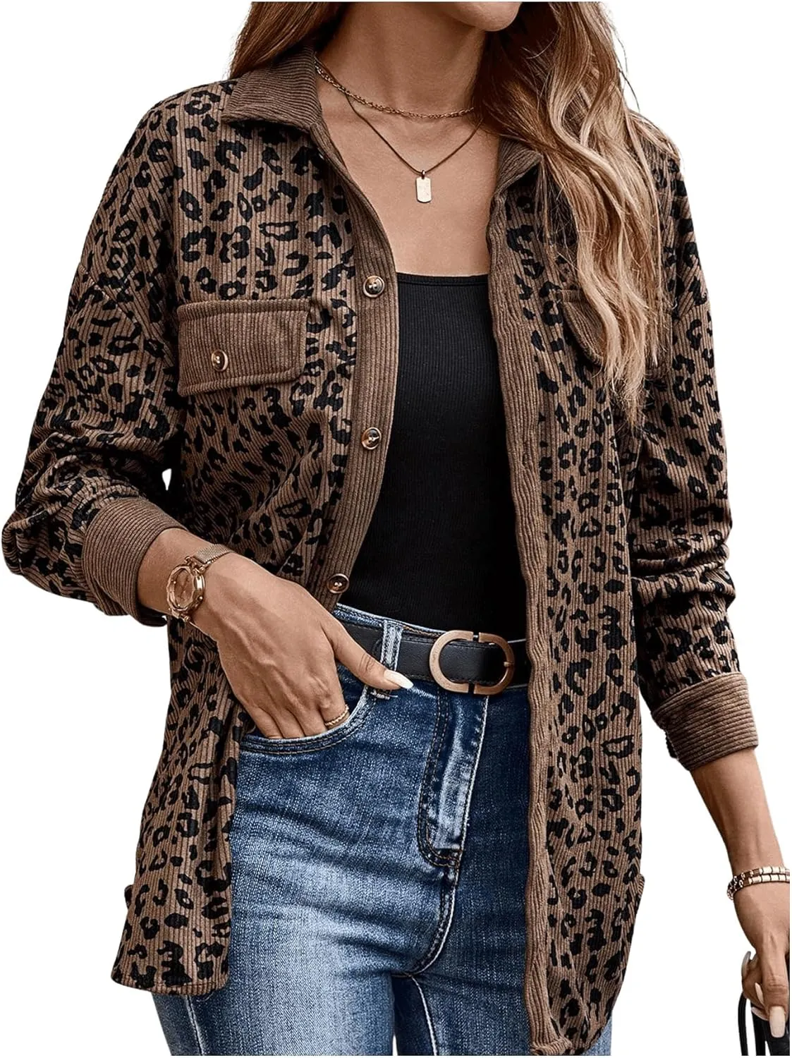 SOLY HUX Women's Leopard Print Jacket Button Down Long Sleeve Shacket Fall Jacket Outerwear