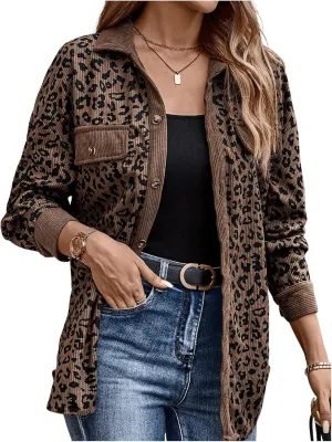 SOLY HUX Women's Leopard Print Jacket Button Down Long Sleeve Shacket Fall Jacket Outerwear