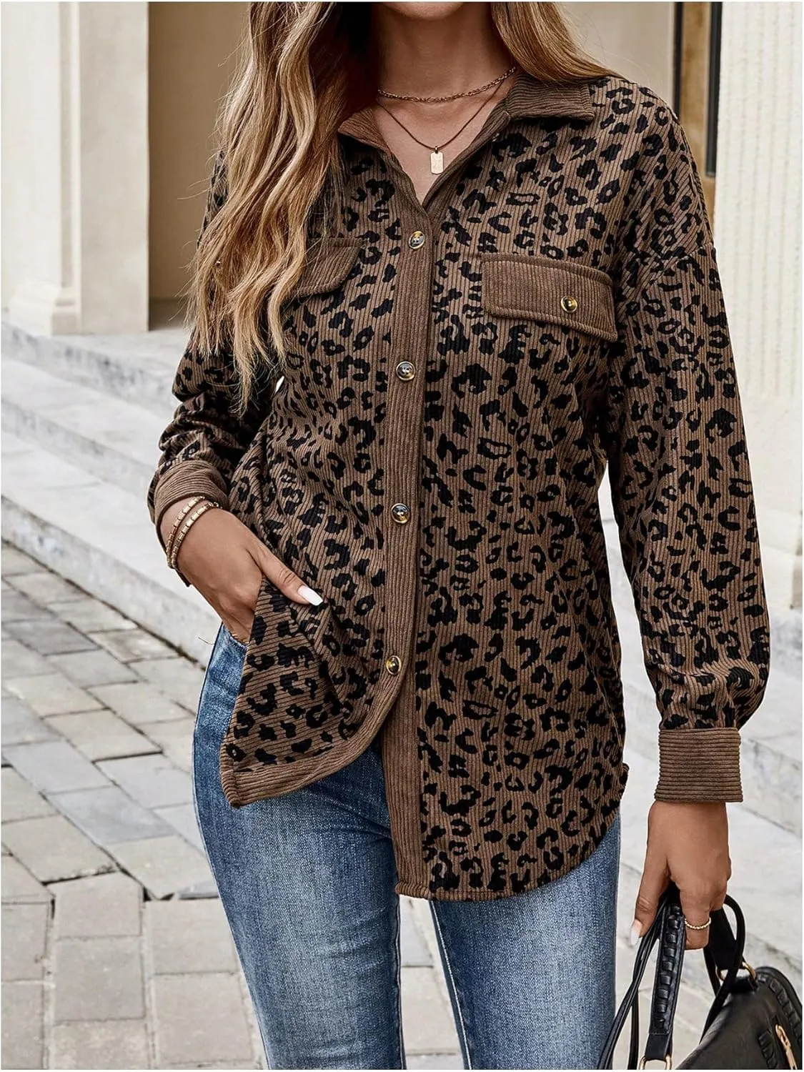 SOLY HUX Women's Leopard Print Jacket Button Down Long Sleeve Shacket Fall Jacket Outerwear