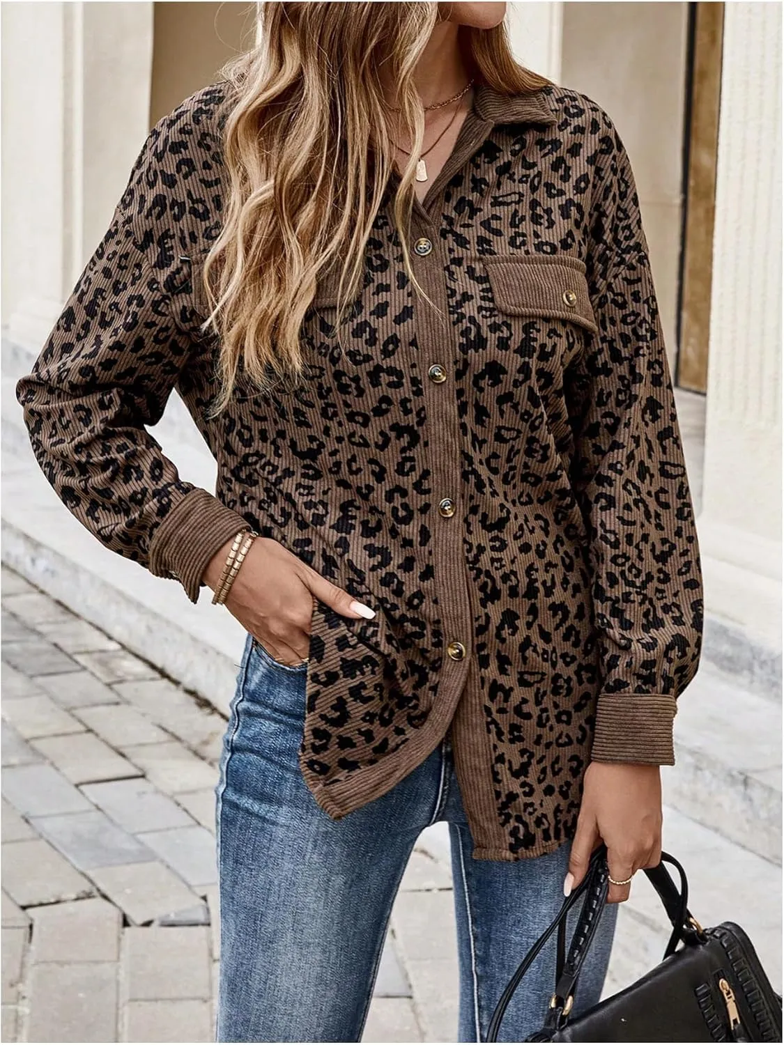 SOLY HUX Women's Leopard Print Jacket Button Down Long Sleeve Shacket Fall Jacket Outerwear