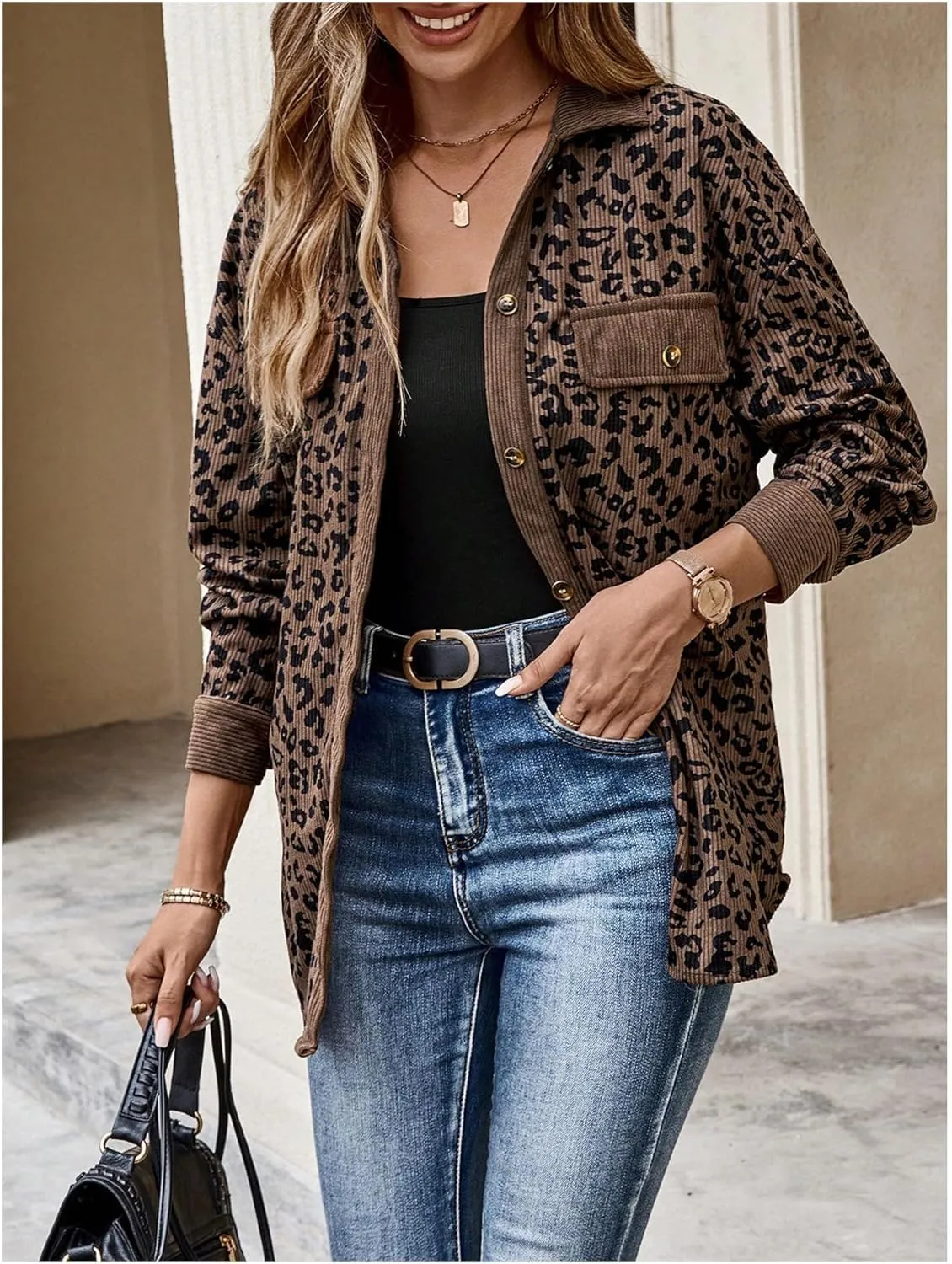 SOLY HUX Women's Leopard Print Jacket Button Down Long Sleeve Shacket Fall Jacket Outerwear