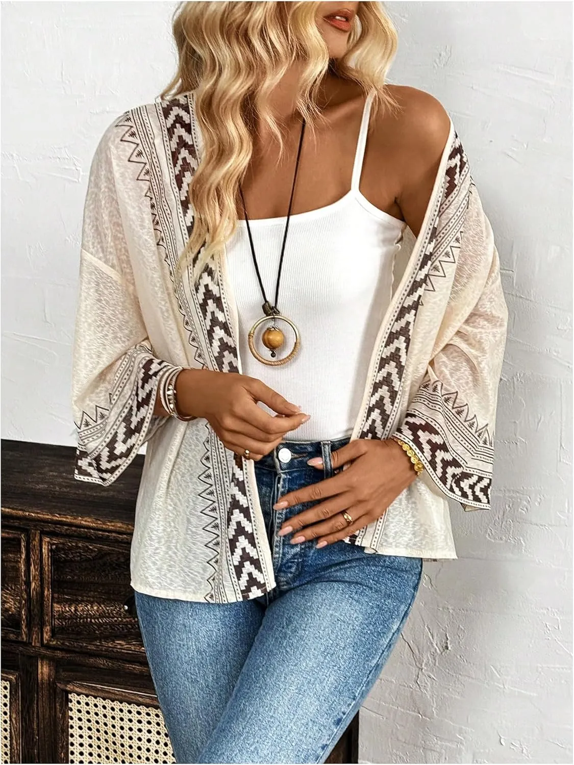 SOLY HUX Women's Long Sleeve Boho Cardigan Geo Printed Open Front Jackets Outerwear