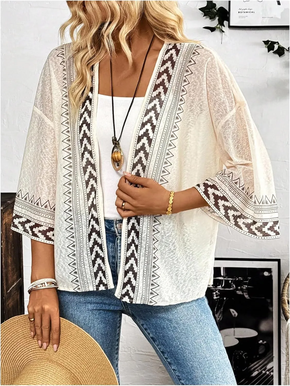 SOLY HUX Women's Long Sleeve Boho Cardigan Geo Printed Open Front Jackets Outerwear