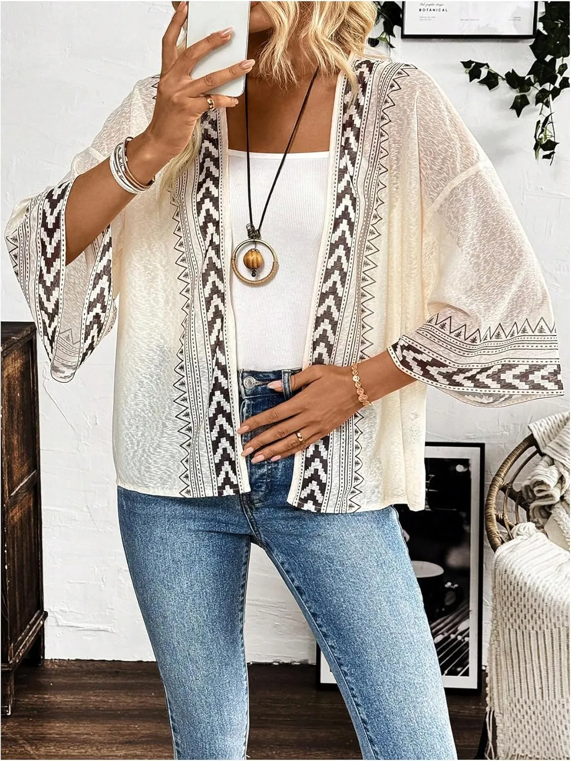 SOLY HUX Women's Long Sleeve Boho Cardigan Geo Printed Open Front Jackets Outerwear
