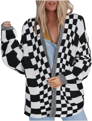 SOLY HUX Women's Long Sleeve Oversized Sweater Checkered Cardigan Open Front Outerwear Tops