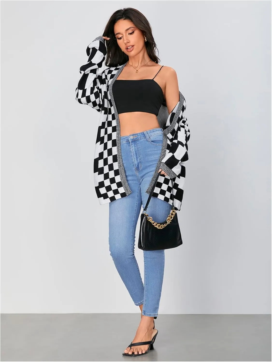 SOLY HUX Women's Long Sleeve Oversized Sweater Checkered Cardigan Open Front Outerwear Tops