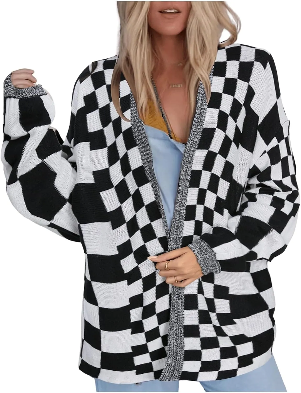 SOLY HUX Women's Long Sleeve Oversized Sweater Checkered Cardigan Open Front Outerwear Tops