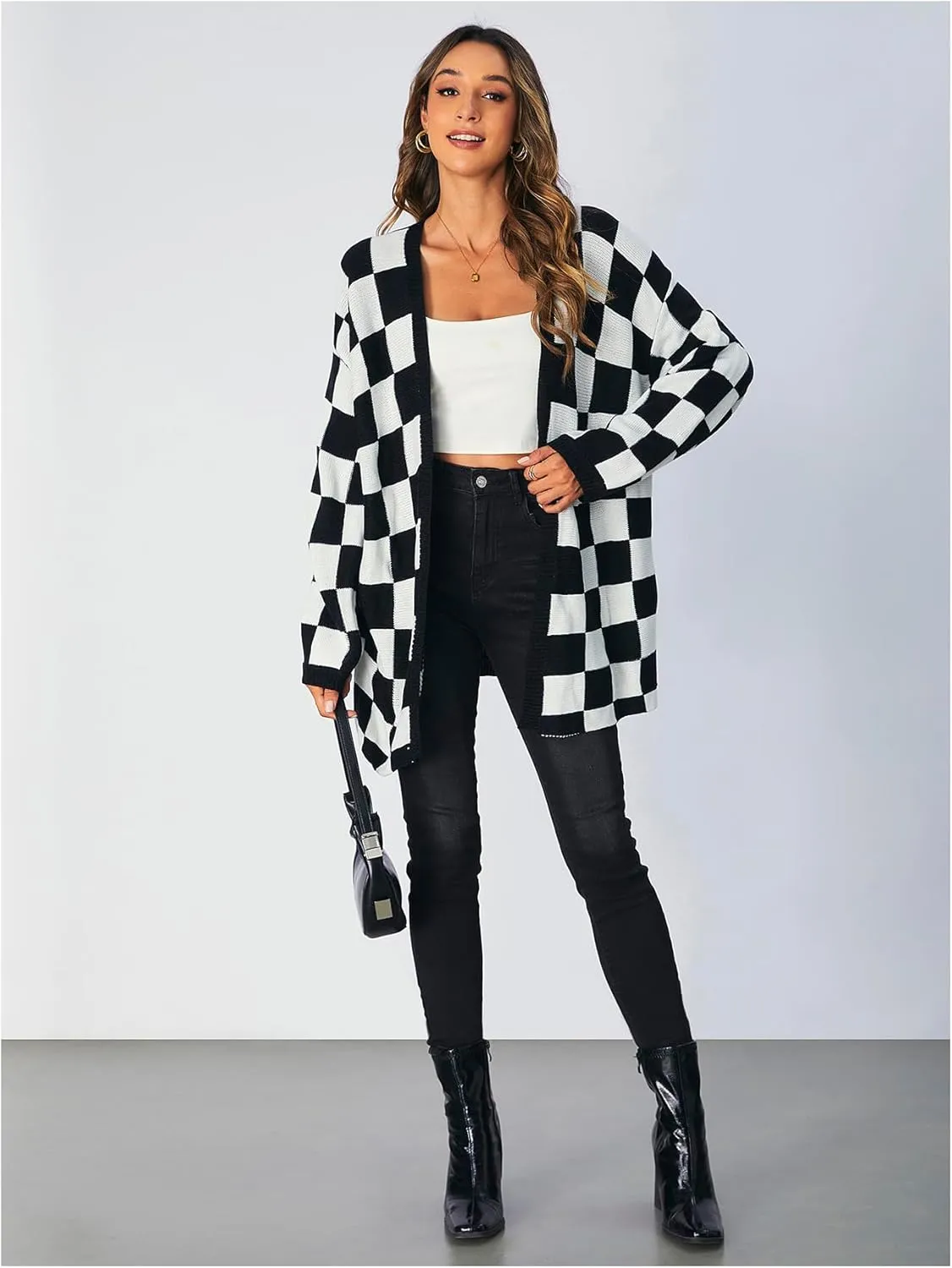 SOLY HUX Women's Long Sleeve Oversized Sweater Checkered Cardigan Open Front Outerwear Tops
