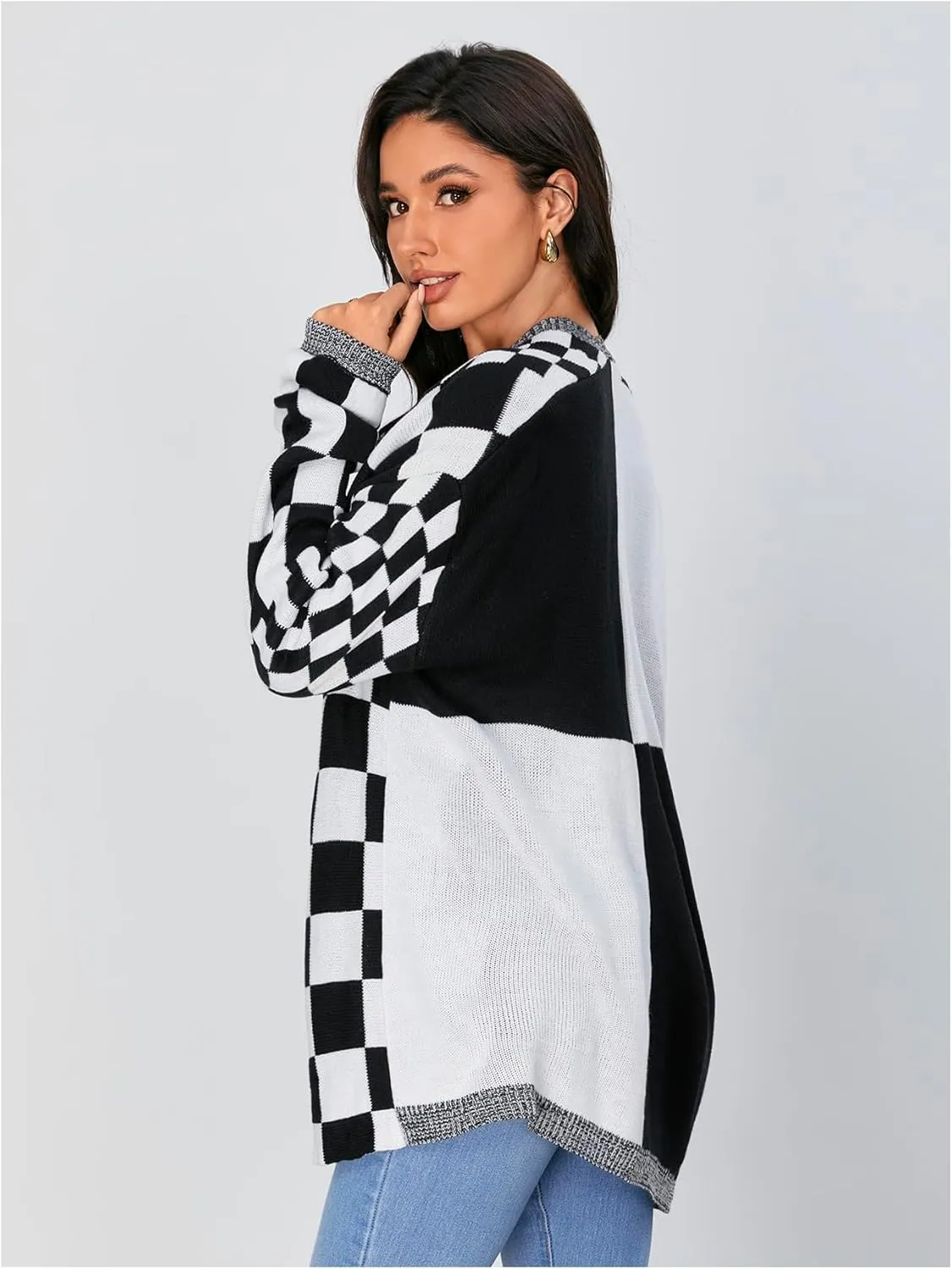 SOLY HUX Women's Long Sleeve Oversized Sweater Checkered Cardigan Open Front Outerwear Tops