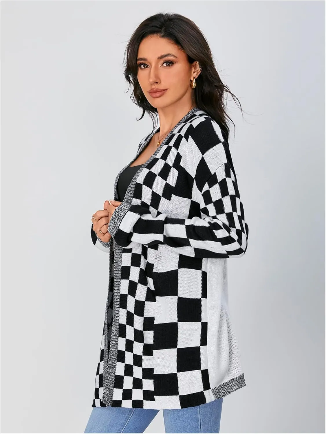 SOLY HUX Women's Long Sleeve Oversized Sweater Checkered Cardigan Open Front Outerwear Tops