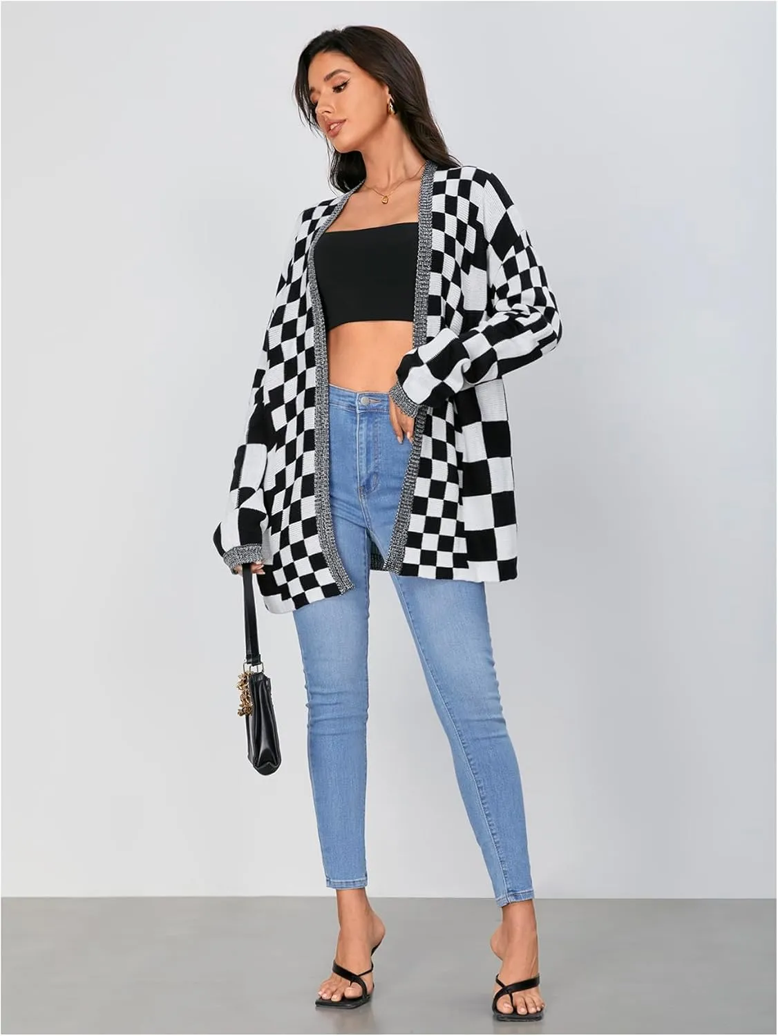 SOLY HUX Women's Long Sleeve Oversized Sweater Checkered Cardigan Open Front Outerwear Tops
